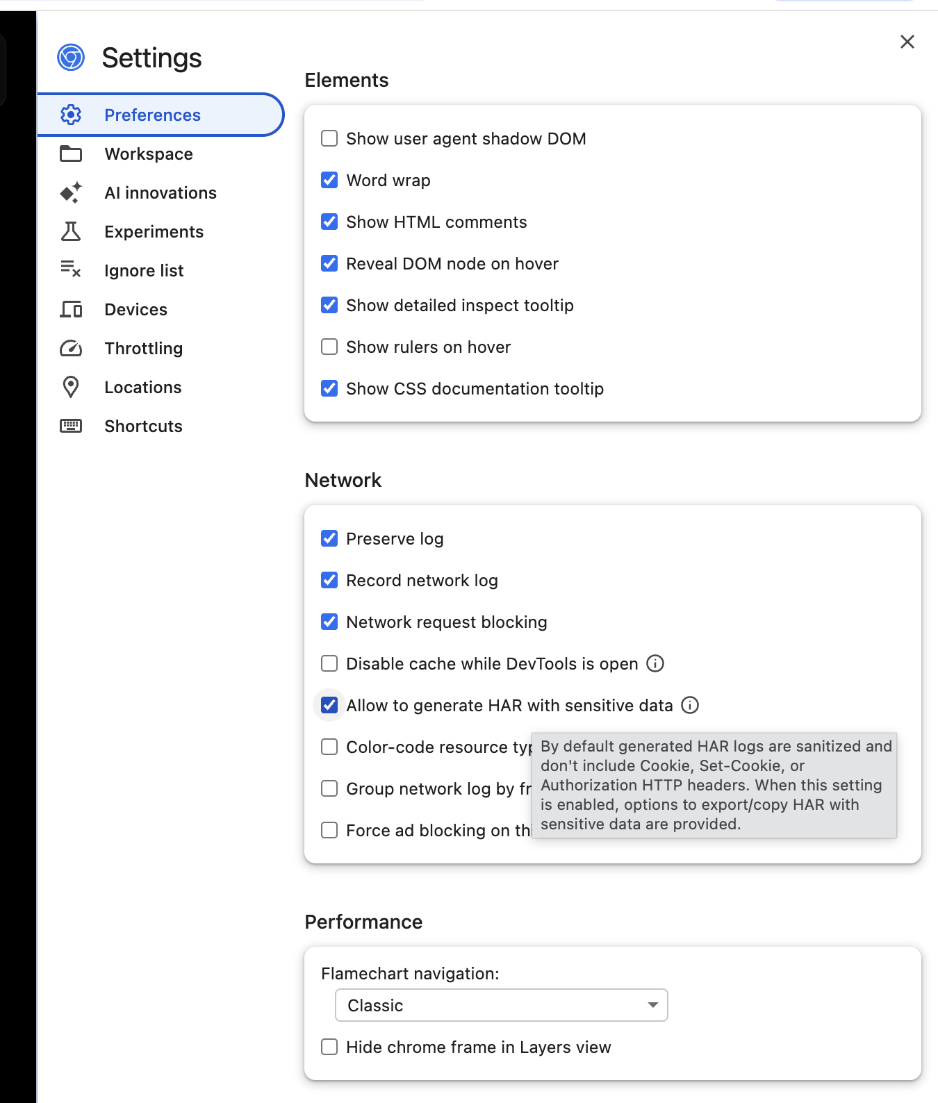 Chrome DevTools setting to allow HAR export with sensitive data